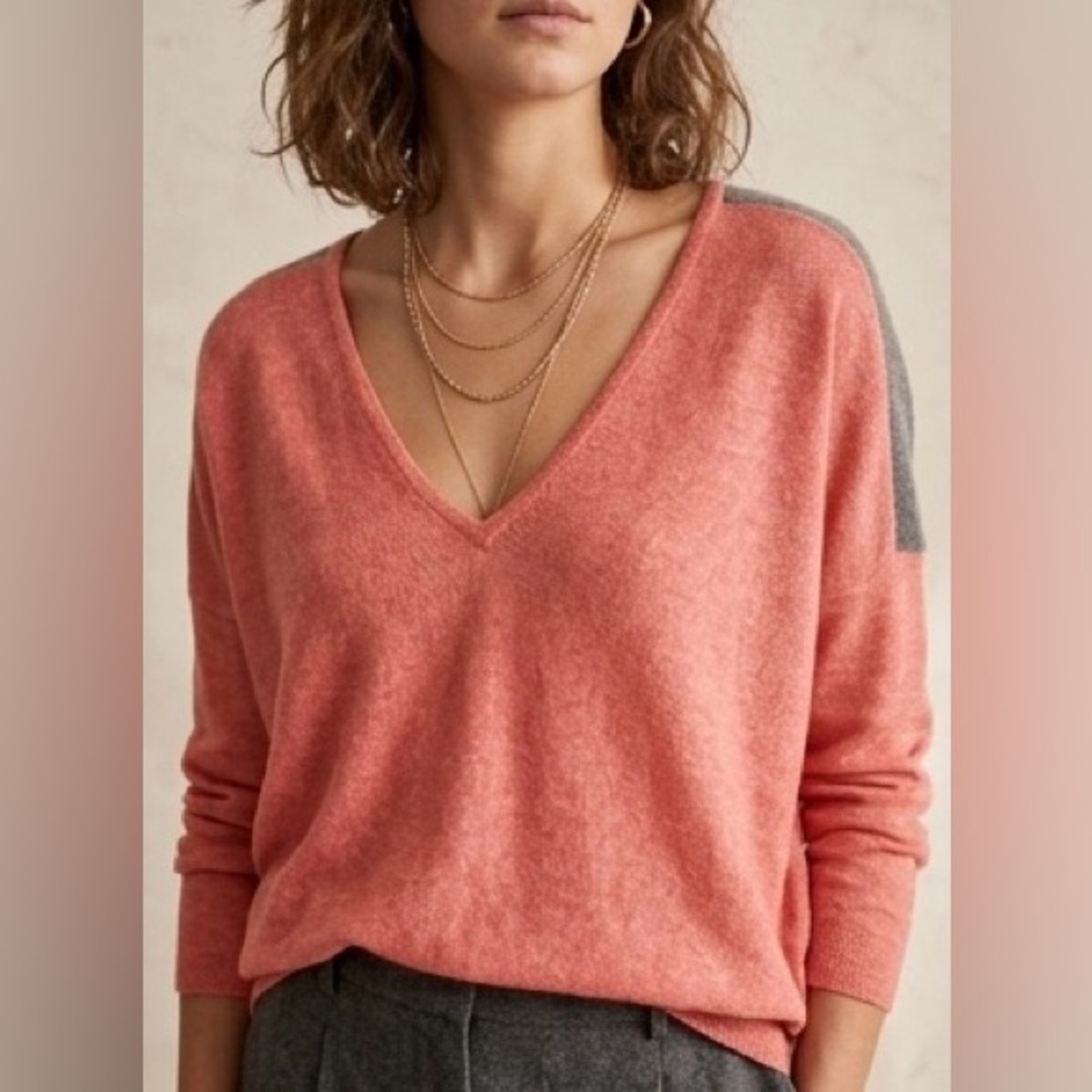 Lilla P‎ Woman's Coral Grey Modal Cotton V Neck Relaxed Fit Sweater Size XL